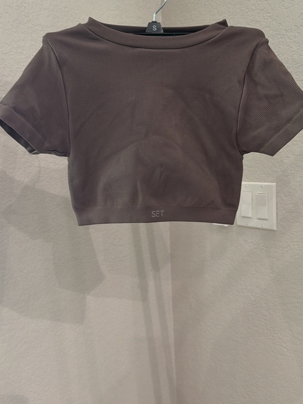 SET Active Brown Ribbed Short Sleeve Crop Top